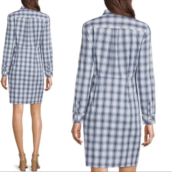 NWT Calvin Klein Tie Waist Plaid Collar Long Cuff Sleeve Button Front Dress - Picture 3 of 3
